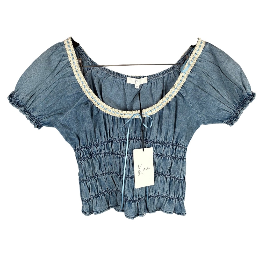 NWT Klesis Top Ruched Blue Denim Ribbon Crochet Trim Women M Coastal Cowgirl - Picture 3 of 11